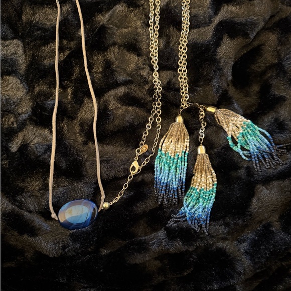 Vintage Chico’s Blue & Gold 3 Tassel Beaded Necklace & 1 Handmade Blue Necklace - Picture 2 of 3